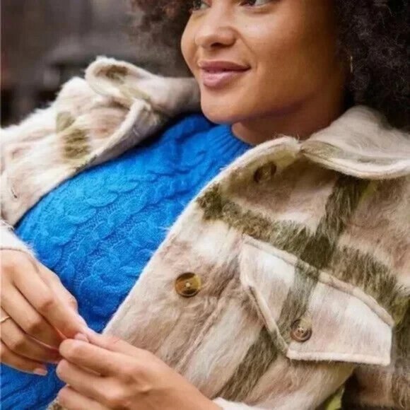 American Eagle Size Small Brushed Plaid Oversized Shacket Jacket Cream NWT $90 - Picture 2 of 16